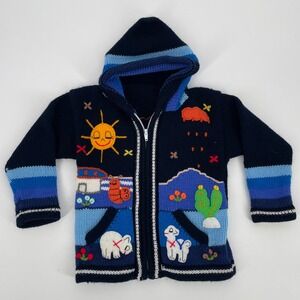 Peruvian Boho Alpaca Patchwork Zip Cardigan Hoodie Sweater Navy Hand Knit 2T